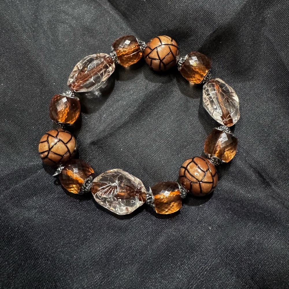 #282- Sylish Brown w/Clear Beads Silver Accents High Quality Handmade Bracelet